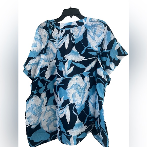 Eli Tahari blue Tropical Printed Split Neck Collared Linen Blouse - Picture 7 of 8